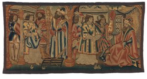 Wandteppich, Zwei Szenen aus dem Leben des Hl. Laurentius, möglicherweise hergestellt in Tournai, Belgien, oder Niederrhein, Frankreich oder Deutschland
