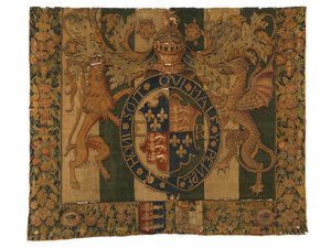 Wandteppich mit den königlichen Wappen von Edward VI und den Wappen von le Grys, wahrscheinlich in Enghien, Flandern, Belgien, ca. 1547-53 von Belgian School