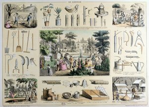 Bildungsgemäße Darstellung des Gartenbaus, mit Illustrationen von Gartengeräten und Szenen, die die geeigneten Aktivitäten für jede Jahreszeit zeigen von Belin and Bethmont