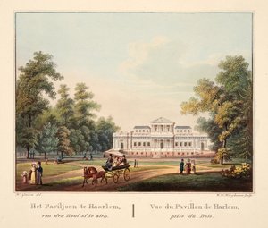Het Paviljoen te Jaarlem, van den Hout af te zien. Vue du Pavillon de Harlem, prise du Bois, 1825 (handkolorierte Gravur)