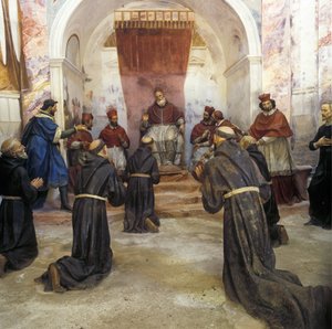 Der heilige Franz von Assisi und die franziskanische Gemeinschaft erhielten 1210 die Genehmigung der ersten Regel durch Papst Innozenz III. (1160-1216)