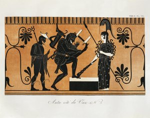 Szene von antiker griechischer Vase mit Herakles, der vor Athena Lyra spielt, mit Hermes dahinter, von Piringer (nach griechischem Original), Gravur