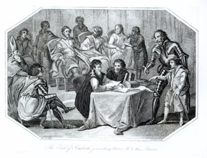 Der Earl of Pembroke stellt Heinrich III. (1207-72) den Baronen vor, 1216, graviert von Saunders von Benezach