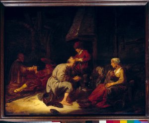 Die Operation mit einer Lupe. Chirurg operiert einen seiner Patienten am Kopf. Gemälde von Benjamin Gerritsz Cuyp