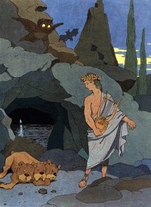 Orpheus und seine Leier versetzen den dreiköpfigen Hund Cerberus in Schlaf