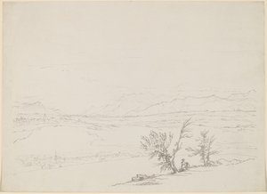 Alpenlandschaft mit einem Paar, das bei Bäumen sitzt und ein Tal überblickt