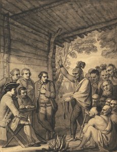 Die Indianer halten eine Rede vor Colonel Bouquet in einer Konferenz am Lagerfeuer in der Nähe seines Lagers am Ufer des Muskingum in Amerika, im Oktober 1764, 1765