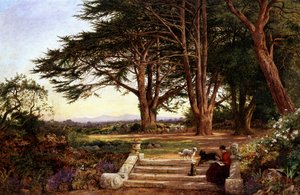 Lesen auf den Terrassenstufen 1896. Eine Frau liest auf Stufen in einem Garten, drei kleine Hunde sind neben ihr und hören zu. Gemälde von Benjamin Williams Leader