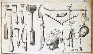 Chirurgische Tafel, die verschiedene Arten von chirurgischen Instrumenten, Hammer, Muschel, Messer zur Entfernung des Gehirns darstellt. Gravur von Benoit Louis Prevost (1735-1809) 18. Jahrhundert von Benoit Louis Prevost