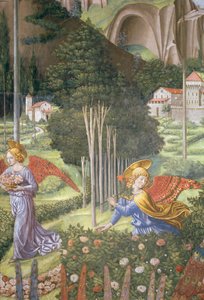 Engel, der Blumen in einer himmlischen Landschaft sammelt, Detail aus dem Zyklus der Reise der Heiligen Drei Könige in der Kapelle, ca. 1460 (Detail)
