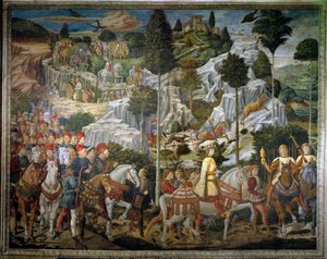 Die Reise der Heiligen Drei Könige. Prozession der Könige von Jerusalem nach Bethlehem, genannt „Viaggio dei Magi“ oder „Cavalcata dei Magi“ auf Italienisch. Landschaftsdetail. Fresko der Ostwand der Kapelle der Heiligen Drei Könige von Benozzo Gozzoli (14 von Benozzo di Lese di Sandro Gozzoli