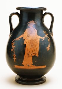 Eine attische rotfigurige Pelike, die eine weibliche Figur darstellt, 5. Jahrhundert v. Chr.