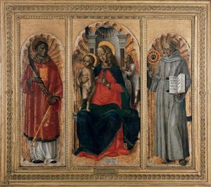 Triptychon, Jungfrau mit Kind mit St. Leonhard (oder Stephan) und St. Bernhardin von Siena