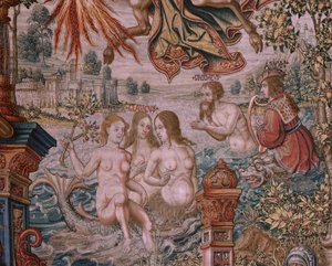 Flämischer Wandteppich. Serie Die Ehren. Ruhm. Dritter Wandteppich der Serie. Modell Zeichner aus dem Kreis von Bernard van Orley und Jan Gossaert. Herstellung Pieter van Aelst, Brüssel. Ca. 1550