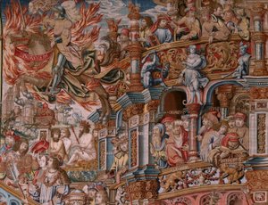 Flämischer Wandteppich. Serie Die Ehren. Ruhm. Dritter Wandteppich der Serie. Modell von Zeichnern aus dem Kreis von Bernard van Orley und Jan Gossaert (Mabuse). Herstellung Pieter van Aelst, Brüssel. Ca. 1550. Stoff Gold, Silber, Seide und Wolle.