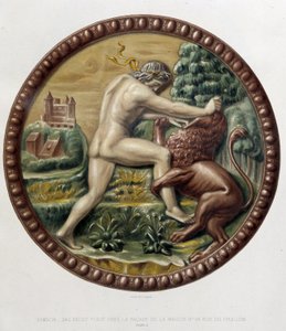 Samson kämpft gegen den Löwen - Basrelief in Keramik, in „The work of Bernard Palissy“ von C. Delange und C. Borneman, Paris von Bernard (after) Palissy