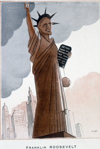 Karikatur von Franklin Roosevelt in der Freiheitsstatue - Illustration von Bernard Becan (Bernhard Kahn) (1890-1943) In „Fantasio“ vom 01.12.1932