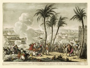 Napoleon besiegt die Mameluken in der Schlacht bei den Pyramiden, nahe Kairo, graviert von George Cruikshank, 1823 von Bernard Edouard Swebach