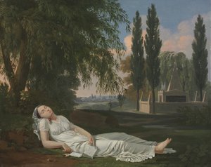 Schlafende Frau in einer Landschaft mit einem Brief