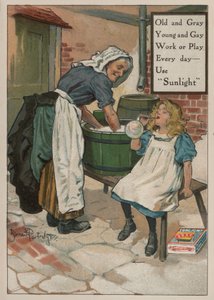 Junges Mädchen bläst Seifenblasen, während ihre Großmutter die Wäsche macht: Werbung für Sunlight-Seife von Bernard Partridge