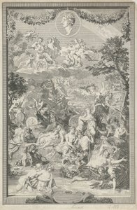 Allegorische Titelseite mit verschiedenen Szenen aus den Metamorphosen von Ovid und dessen Porträt von Bernard Picart