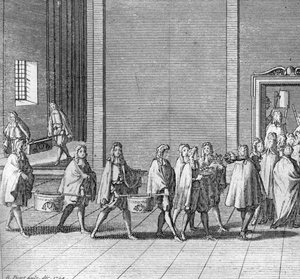 Verschiedene Phasen des Konklaves, Treffen der Kardinäle zur Wahl eines neuen Papstes: die Rationen werden während des Konklaves gemacht (Vatikan: Ankunft von Lebensmitteln während des Konklaves) Gravur aus „Illustration religiöser Zeremonien und Bräuche a