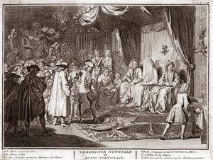 Jüdische Hochzeit in der jüdisch-portugiesischen Gemeinde) Gravur aus "Illustration religiöser Zeremonien und Bräuche aller Völker der Welt" von Bernard Picart (1723-1743) von Bernard Picart