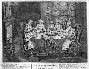 Judentum: Passahfest (oder Pesach) in der jüdischen portugiesischen Gemeinde Gravur aus "Illustration der Zeremonien und religiösen Bräuche aller Völker der Welt" von Bernard Picart (1723-1743) 1819 Private Sammlung