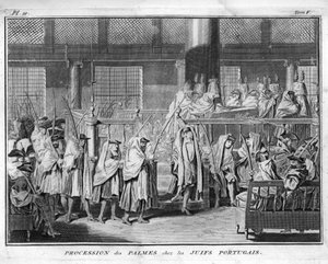 Judentum: Prozession der Palmen, gefeiert in der jüdisch-portugiesischen Gemeinde Gravur aus „Illustration de cérémonies et coutumes religieuses de tous les peuples du monde“ von Bernard Picart (1723-1743) 1819 Privatsammlung von Bernard Picart