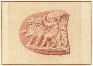 Eines von vier Studien nach Kameen, drei mit klassischen Profilporträts und eines mit einem fragmentarischen Relief von Amor und zwei Löwen, die einen Wagen ziehen