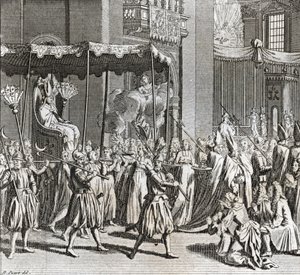 Feierliche Inauguration des Pontifikats: das Verbrennen eines Tuchs) Gravur aus „Illustration de cérémonies et coutumes religieuses de tous les peuples du monde“ von Bernard Picart (1723-1743) 1819 Privatsammlung von Bernard Picart