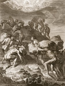 Die Riesen versuchen, den Himmel zu erklimmen, indem sie Berge aufeinander stapeln, 1731 von Bernard Picart