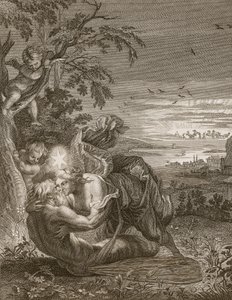 Tithonus, Auroras Ehemann, in eine Heuschrecke verwandelt, 1731 von Bernard Picart