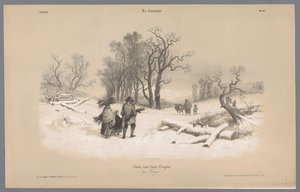 Familie sammelt Holz im Schnee (Darstellungen des Lebens auf dem Land)