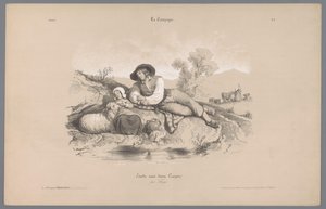 Hirte mit Mädchen an einem Teich von Bernard Romain Julien