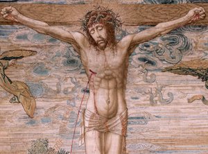 Flämischer Wandteppich. Serie Baldachin von Karl V. Christus der Barmherzige. Wandteppich hinter dem Baldachin. Modell Bernard van Orley (1491-1542). Herstellung Pieter de Pannemaker, Brüssel. 1518-1524. Stoff G von Bernard van Orley