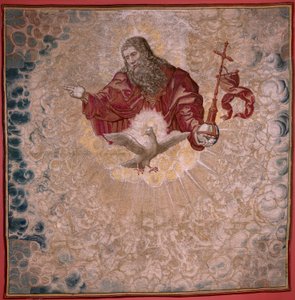Flämischer Wandteppich. Serie Baldachin von Karl V. (Baldachin von Margarete von Österreich). Gott der Vater und der Heilige Geist. Baldachin des Baldachins. Modell Bernard van Orley (1491-1542). Herstellung Pieter de Pannemaker. von Bernard van Orley