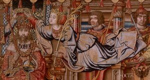 Flemischer Wandteppich. Serie Die Ehren. Ehre. Zweiter Wandteppich in der Serie. Modell Zeichner aus dem Kreis von Bernard van Orley und Jan Gossaert (Mabuse). Herstellung Pieter van Aelst, Brüssel. Ca. 1550. Stoff Gold, Silber, Seide und Wolle.