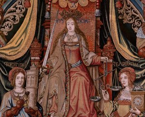Flandrischer Wandteppich. Serie Die Ehren. Gerechtigkeit. Neunter Wandteppich in der Serie. Modellzeichner aus dem Kreis von Bernard van Orley und Jan Gossaert. Herstellung Pieter van Aelst, Brüssel. Ca. 1550.
