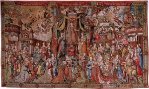 Flämischer Wandteppich. Serie Die Ehren. Gerechtigkeit (La Justicia, Los Honores). Neunter Wandteppich der Serie. Modell Zeichner aus dem Kreis von Bernard van Orley und Jan Gossaert (Mabuse). Herstellung Pieter van Aelst, Brüssel. Ca 1550. Stoff Gold, Sil von Bernard van Orley