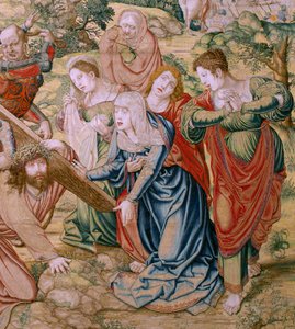 Flämischer Wandteppich. Serie Die Passion Christi. Fall auf dem Weg nach Golgatha. Zweiter Wandteppich der Serie. Modelle von Bernard van Orley. Herstellung Pieter de Pannemaker, Brüssel. Ca. 1518-1523. Stoff Gold, Silber.