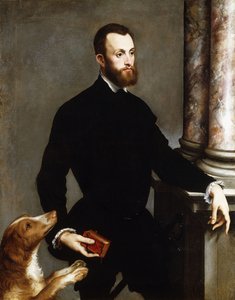 Porträt eines Gentlemans, stehend in Dreiviertellänge, in einem schwarzen Kostüm und ein Buch haltend
