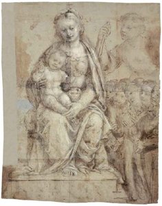 Madonna mit Kind, ein Kriegerheiliger (Michael?) und eine Gruppe von Anbetern von Bernardino Lanino