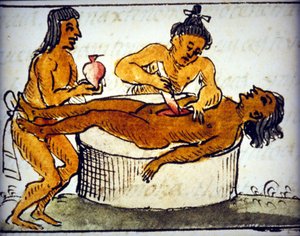 Menschenopfer: Ritualopfer bei den Azteken. Aus einem Manuskript von Bernardino de Sahagun