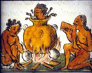 Ritueller Kannibalismus bei den Azteken. Manuskript von Bernardino de Sahagun. 17. Jahrhundert. (Detail)