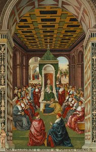 Enea Piccolomini vor Papst Eugen IV von Bernardino di Betto (after) Pinturicchio