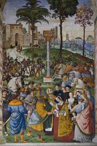 Italien Toskana Siena, Kathedrale Duomo: Die Piccolomini-Bibliothek - Das Treffen von Friedrich III. (Friedrich V. von Habsburg) von Bernardino di Betto Pinturicchio