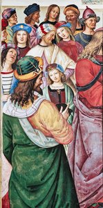 Die Piccolomini-Bibliothek, Nordostwand: „Aeneas Sylvius hält eine Rede vor König Jakob I. von Schottland, Winter 1435“ von Bernardino di Betto Pinturicchio