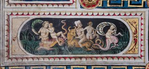 Die Piccolomini-Bibliothek, die Decke: kleineres Panel mit Szene eines maritimen Thiasus (Tritonen, Putto und eine Nereide), Fresko von Bernardino di Betto, bekannt als Pinturicchio von Bernardino di Betto Pinturicchio