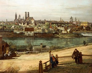 Blick auf München von Haidhausen mit dem Fluss Isar im Zentrum (Detail) von Bernardo Bellotto